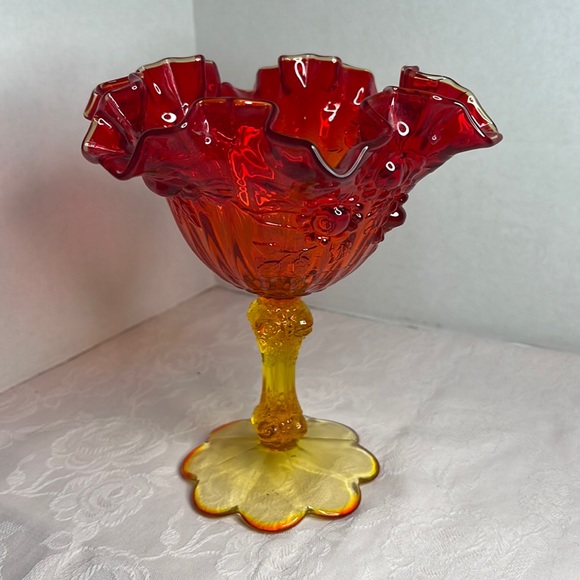 Fenton Other - Beautiful Fenton Ruby Amberina Double Crimped Embossed Cabbage Rose Compote
